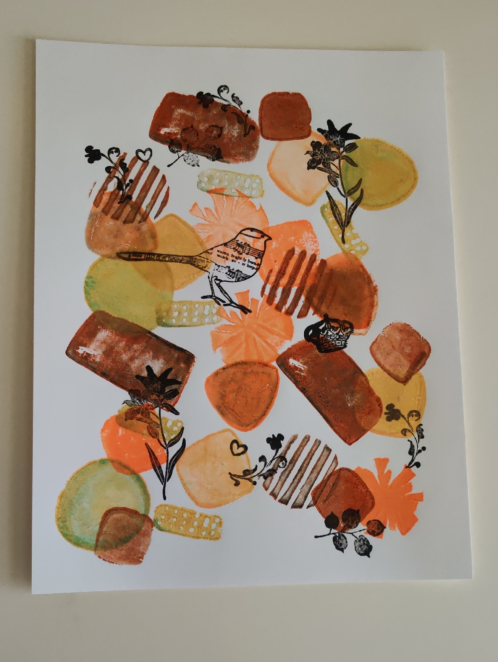 Abstract Bird Collage Wall Art in Orange, Yellow, and Brown 8.5 x 11